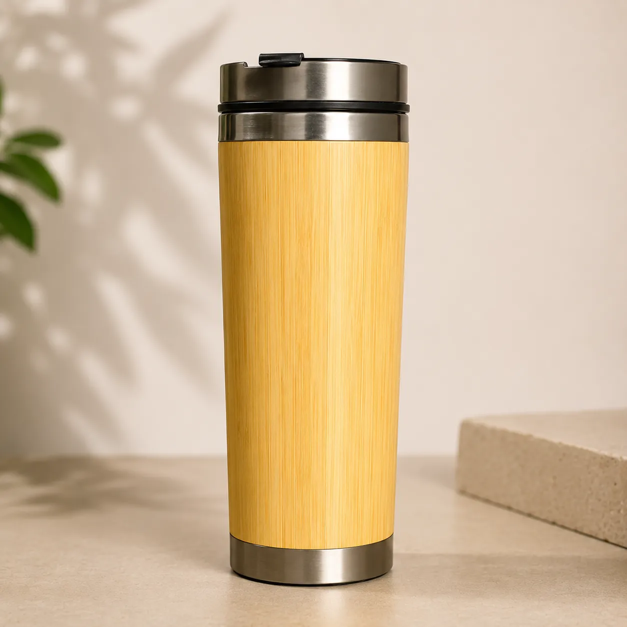Flasks, bottles and coffee mugs in Bamboo and wheat straw